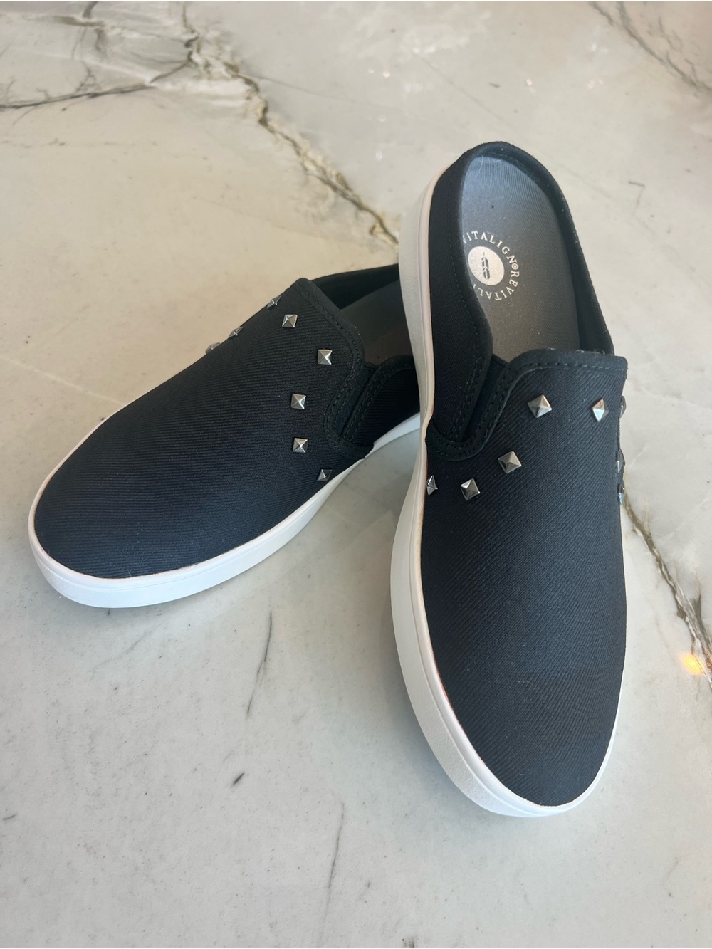 REVITALIGN Canvas Black Slip-On Studded Mules
